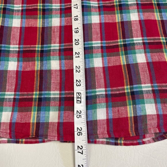 Lauren Ralph Lauren Shirt Women Sz Large 100% Linen Red Plaid Button Up Roll Tab - Picture 14 of 16